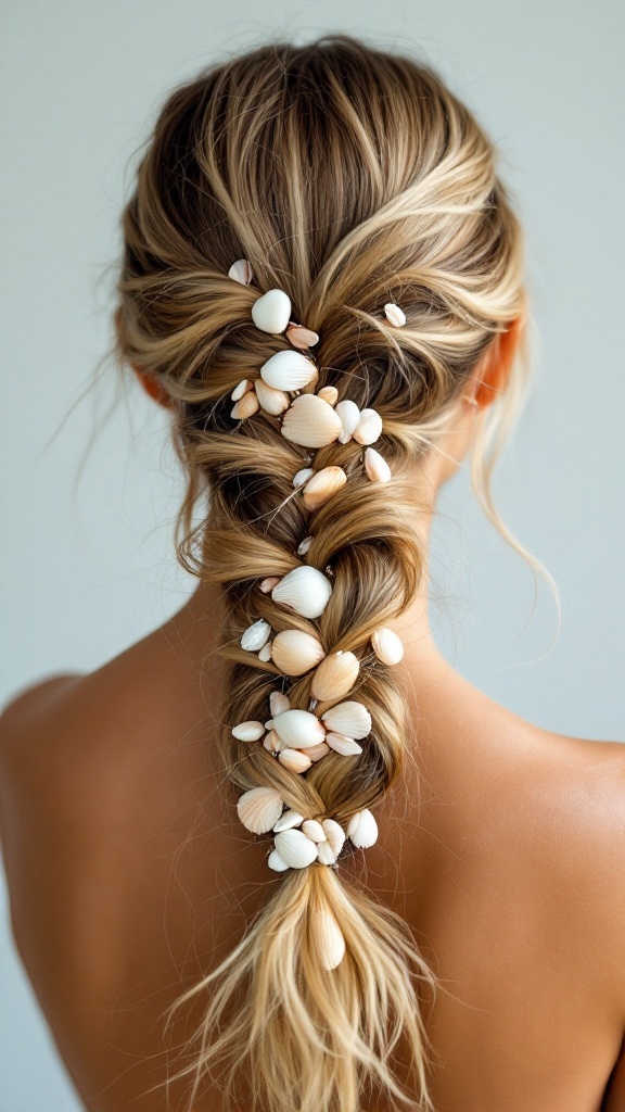 A side braid hairstyle with seashells woven into it, showcasing beachy vibes.