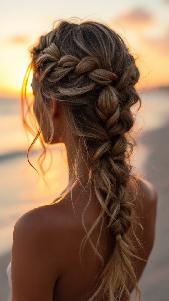 A woman with curly hair styled in a side braid with loose curls, set against a sunset backdrop.