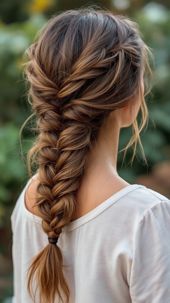 A woman with a simple fishtail braid hairstyle, seen from the back.