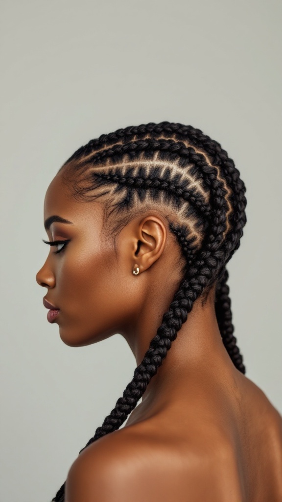 A profile view of a woman with sleek cornrows styled into an artistic design.