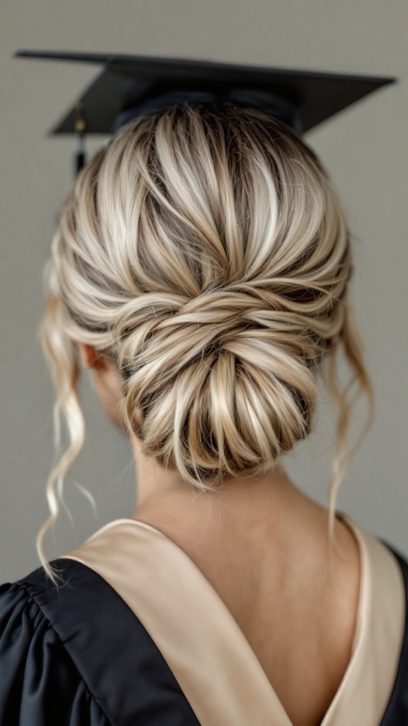 A sleek low bun hairstyle with a twist, worn by a person in a graduation gown and cap.