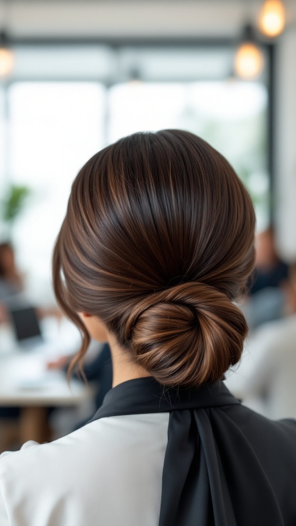 A woman with a sleek low bun and a stylish hair wrap.