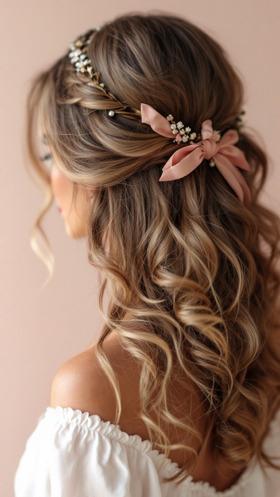 A woman with soft curls styled with a decorative headband and ribbon.
