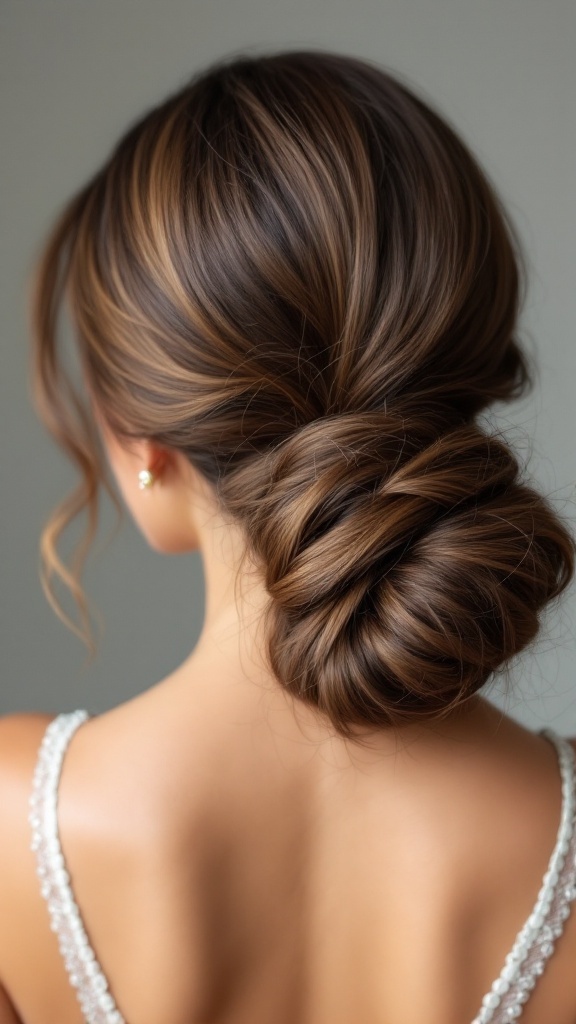 A sophisticated low chignon hairstyle with volume, featuring soft tendrils framing the face.
