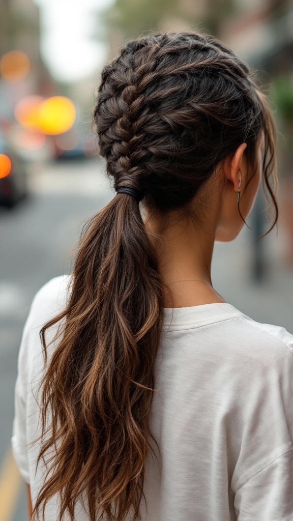 A woman with a textured pulled-through ponytail hairstyle, featuring braids at the top and loose waves in the ponytail.