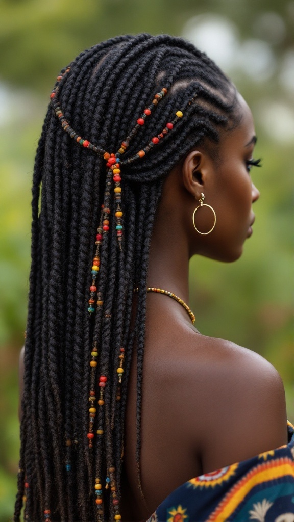 A woman showcasing traditional Fulani braids decorated with colorful beads.