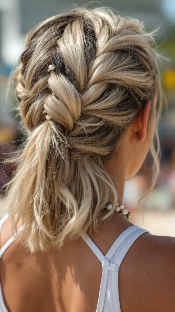 A twisted half-up hairstyle with beads, perfect for volleyball.