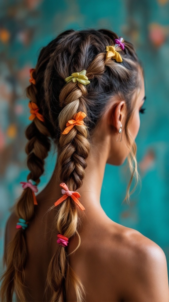A young woman with twisted pigtails adorned with colorful hair ties.