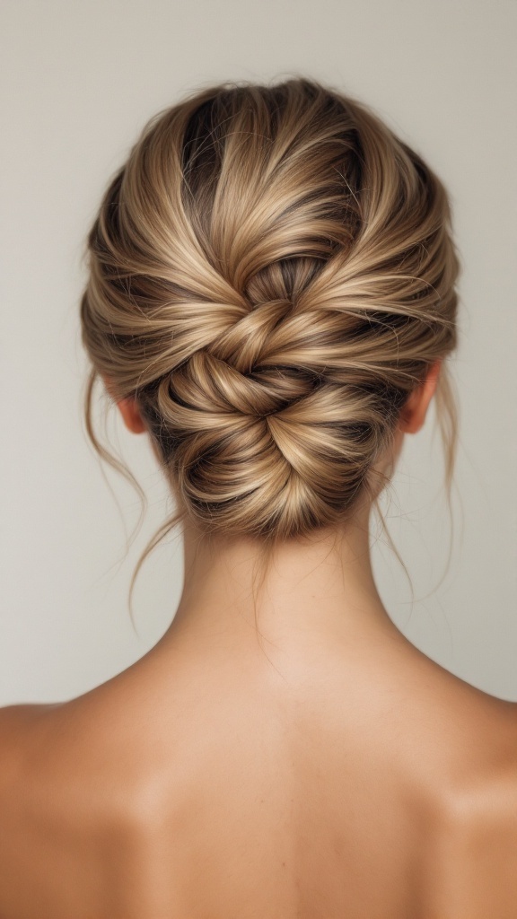 A stylish twisted tuck updo hairstyle seen from the back.