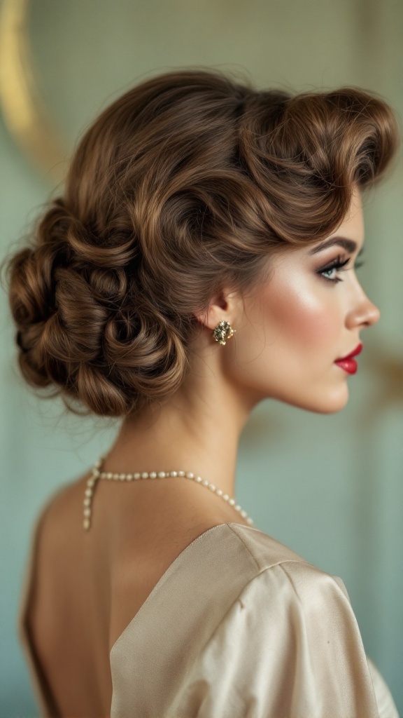 A woman with vintage inspired victory rolls hairstyle, showcasing elegant curls and classic makeup.