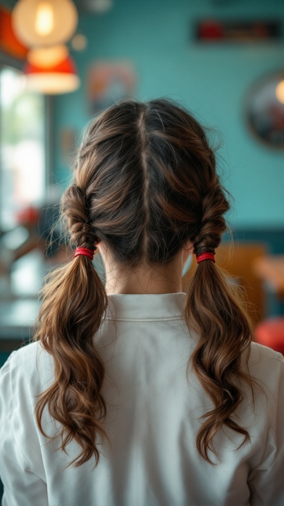 A person with vintage pigtails styled with red hair ties.