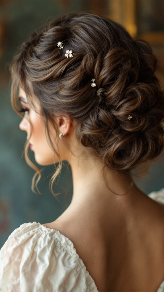 A vintage updo hairstyle with intricate twists and curls, adorned with floral hairpins, showcasing a western flair.