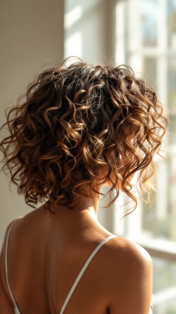 A person with a curly wolf cut hairstyle, showcasing voluminous and bouncy curls.