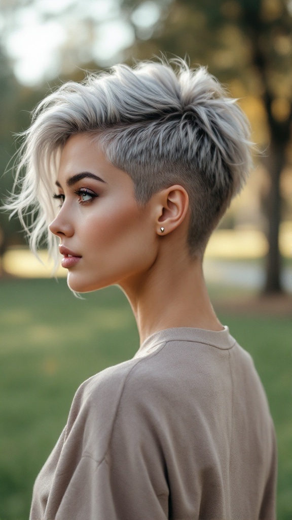 A model showcasing a wolf cut hairstyle with subtle highlights, featuring a short shaggy cut and soft waves.