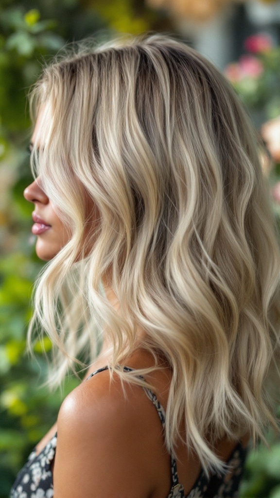 A woman showcasing a wolf cut hairstyle with underlying layers, featuring soft waves and light blonde color.